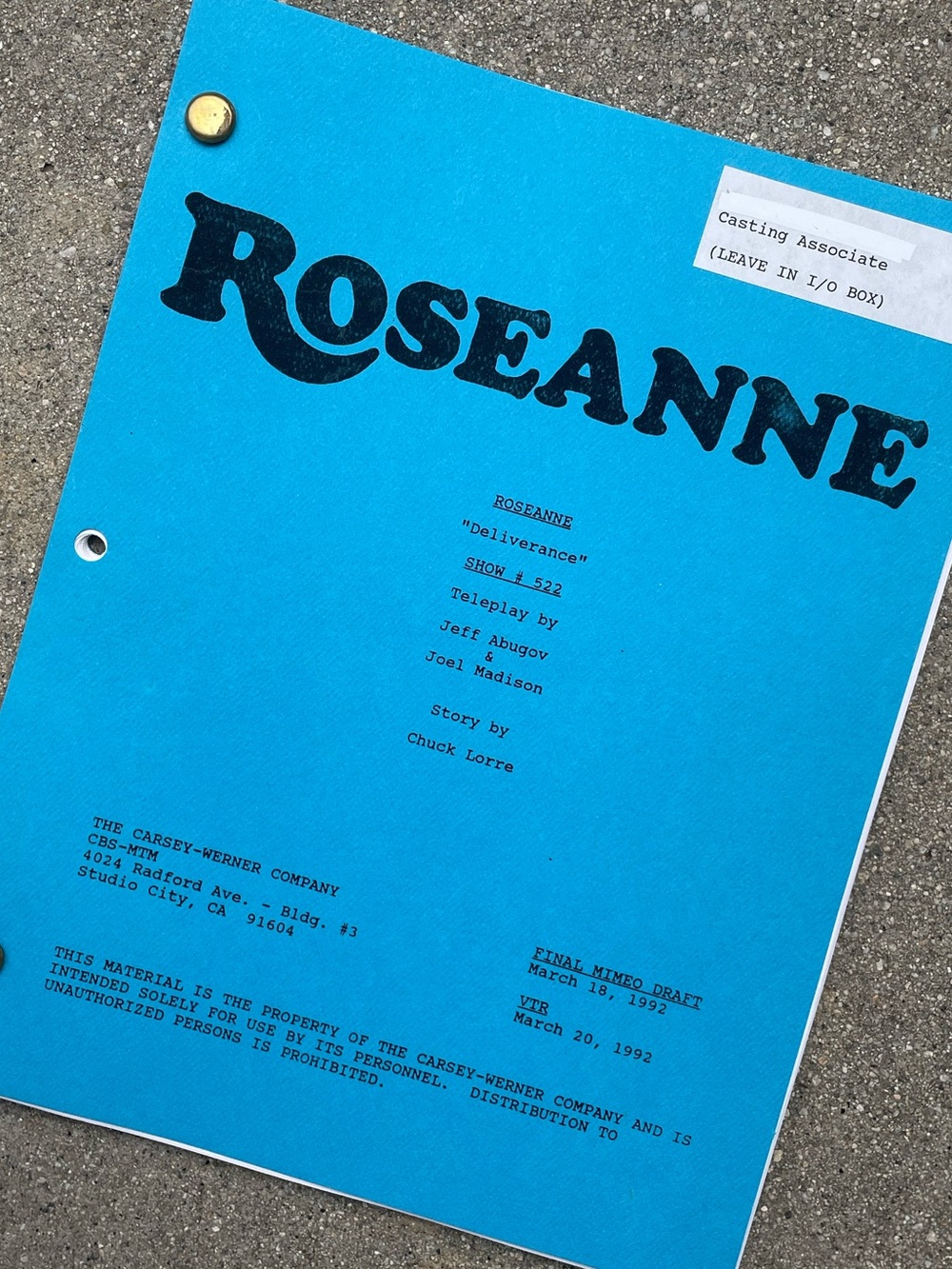 Roseanne Vtg 1992 Production Used Final Draft Script Deliverance CHUCK LORRE!